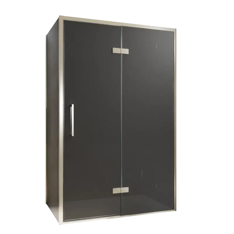 Super-Preis Balmani Senses Design Eckdusche: Drehtür (Rechts) mit fixierte Seitenwand, 120 x 80 cm, Rauchglas, Profil Brushed CoolMetal, inklusive Coating