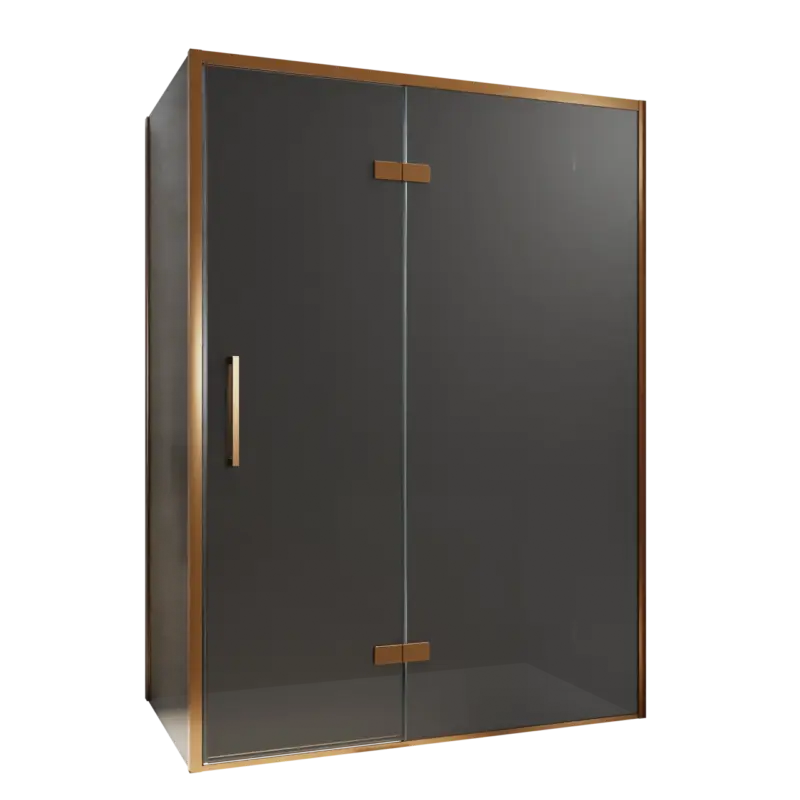 Aktuell Balmani Senses Design Eckdusche: Drehtür (Rechts) mit fixierte Seitenwand, 140 x 80 cm, Rauchglas, Profil Brushed Rosegold, inklusive Coating