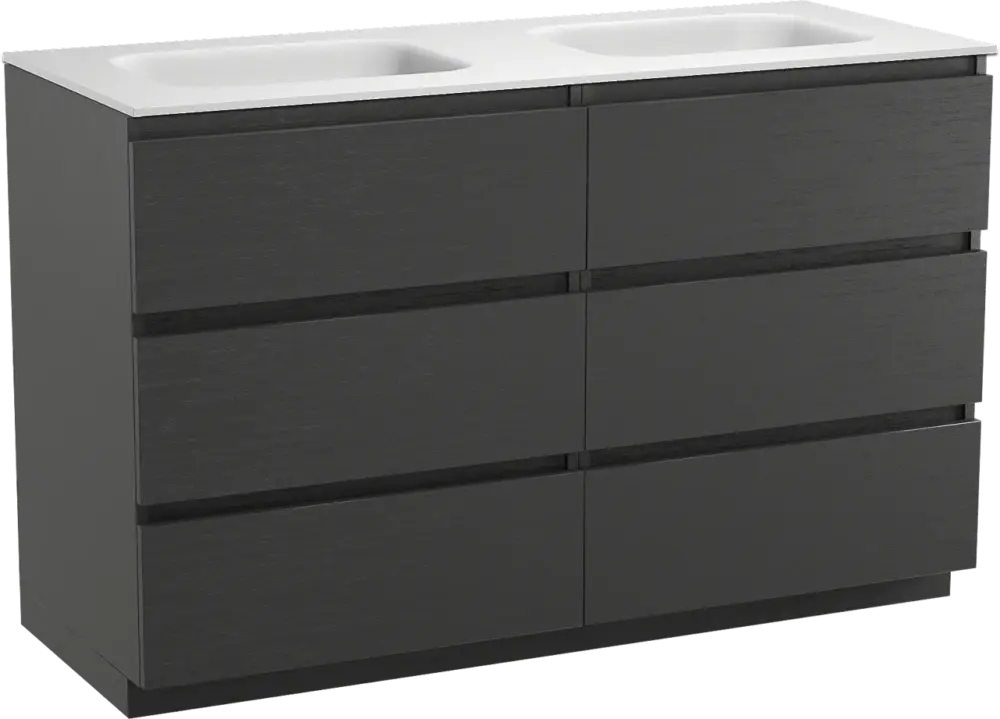 Knallerangebot Balmani Lucida freistehendes Möbelstück Set: 135 x 55 cm, Schwarze Eiche, mit Tablo Arcato Doppelwaschtisch, Solid Surface Weiß matt