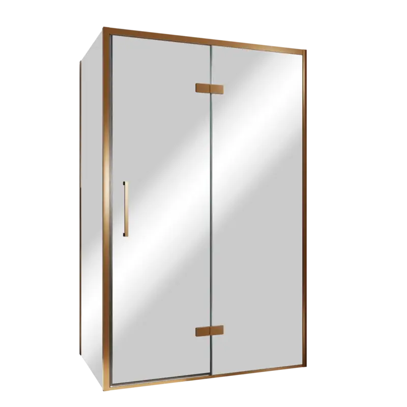 Expressversand Balmani Senses Design Eckdusche: Drehtür (Rechts) mit fixierte Seitenwand, 120 x 90 cm, Reflex-Spiegelglas, Profil Brushed Rosegold, inklusive Coating