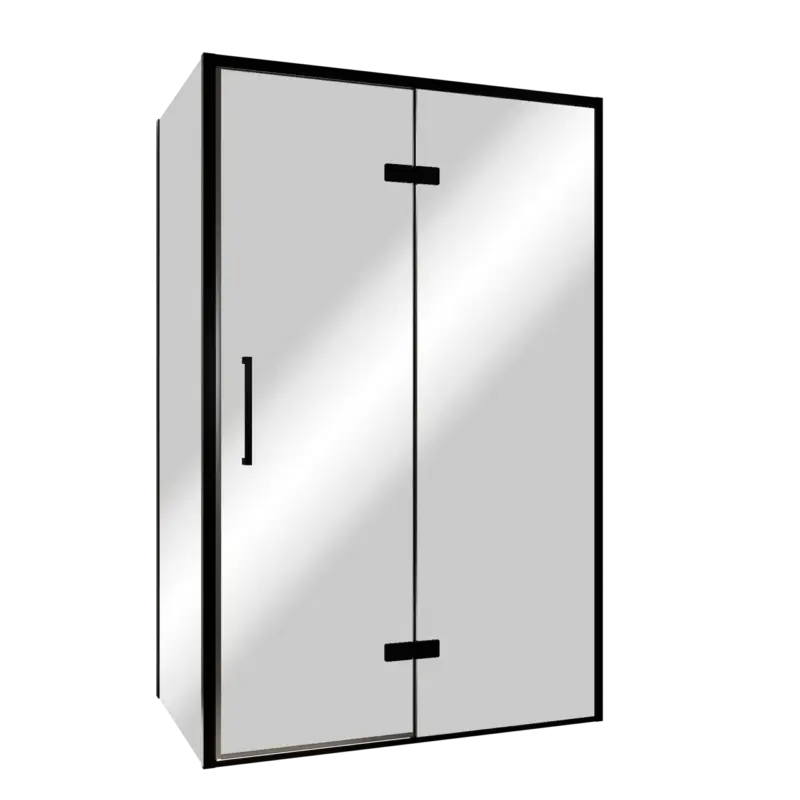 Ausverkauf Balmani Senses Design Eckdusche: Drehtür (Rechts) mit fixierte Seitenwand, 120 x 80 cm, Reflex-Spiegelglas, Profil Schwarz, inklusive Coating