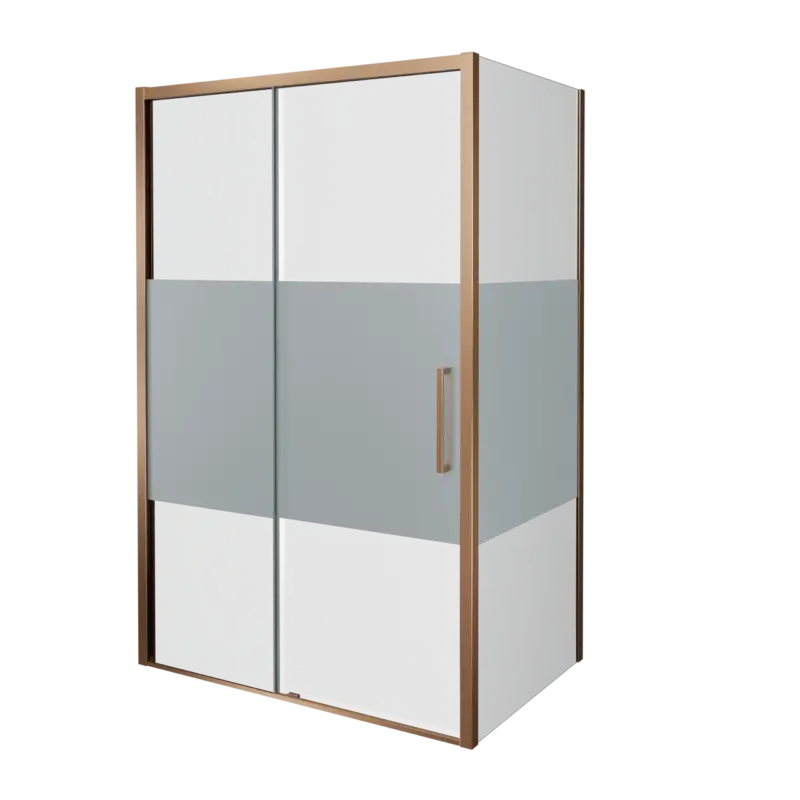 Abverkauf Balmani Senses Design Eckdusche: Schiebetür (Links) mit fixierte Seitenwand, 140 x 80 cm, Klarglas mit mattiertem Streifen, Profil Brushed Rosegold, inklusive Coating