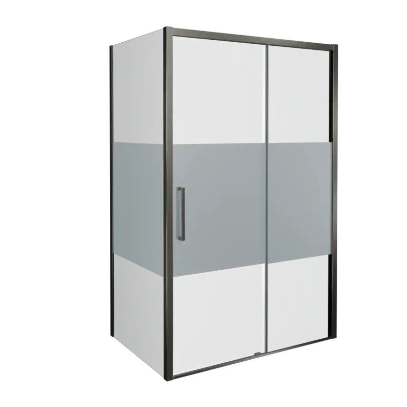 Aktuell Balmani Senses Design Eckdusche: Schiebetür (Rechts) mit fixierte Seitenwand, 120 x 90 cm, Klarglas mit mattiertem Streifen, Profil Brushed GunMetal, inklusive Coating