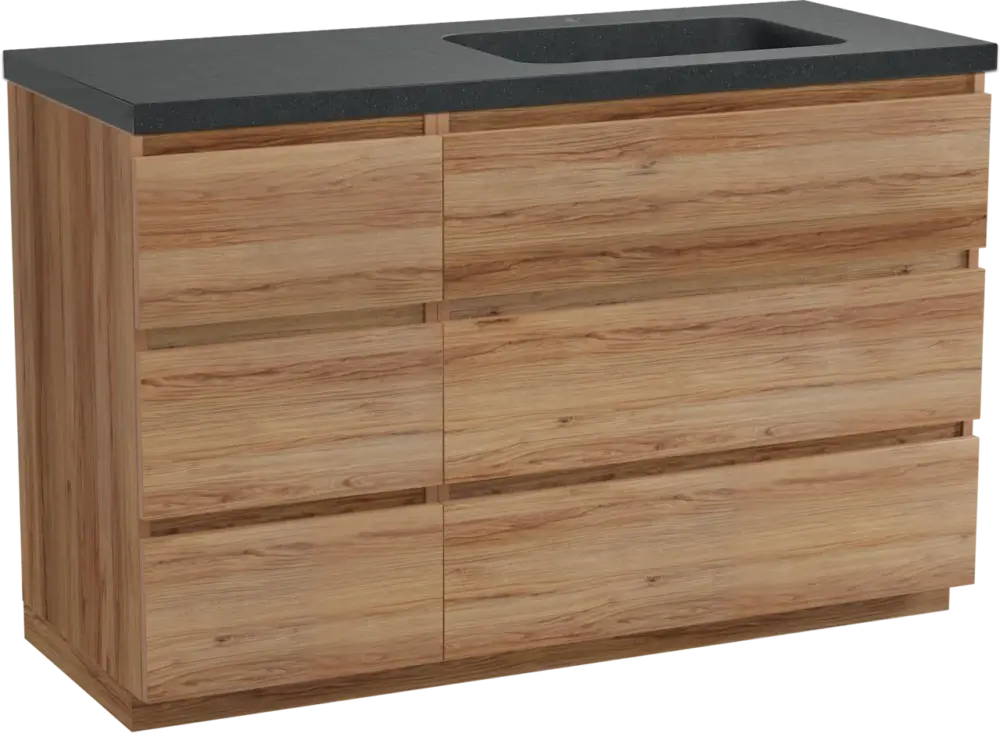 Abverkauf Balmani Lucida freistehendes Möbelstück Set: 135 x 55 cm, Teak, mit Napoli Waschtisch rechts, Schwarzes Granit