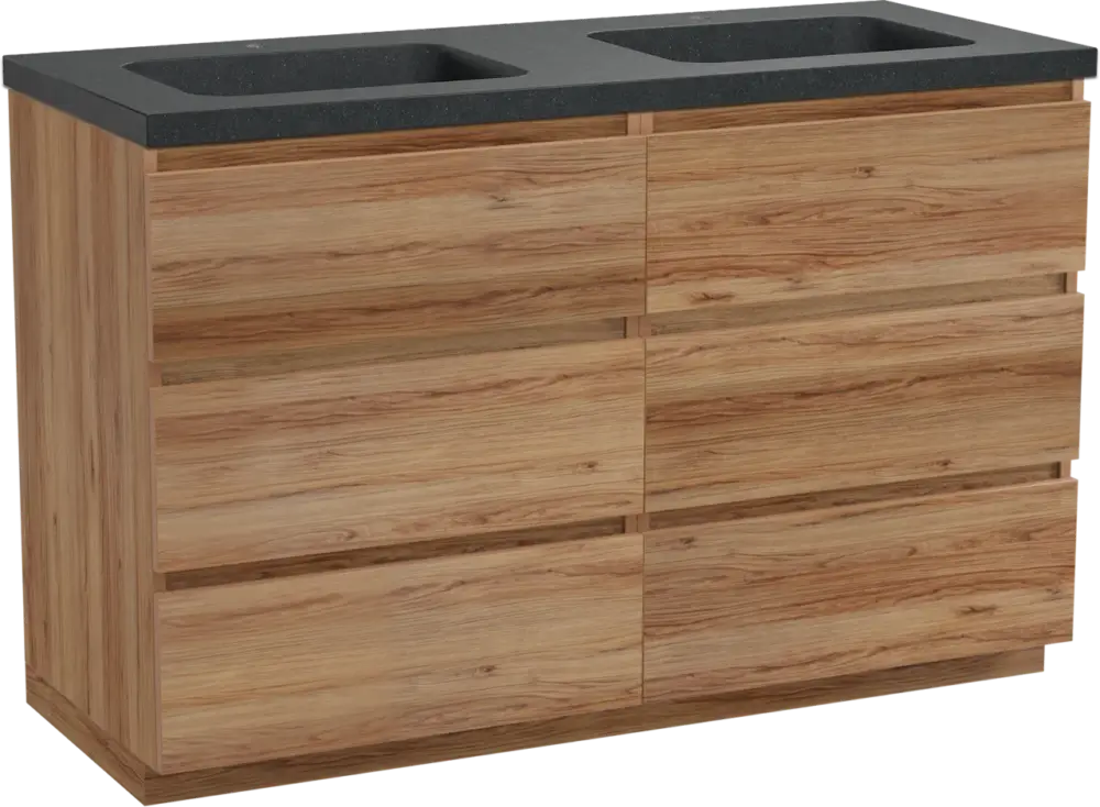 Balmani Lucida freistehendes Möbelstück Set: 135 x 55 cm, Teak, mit Napoli Doppelwaschtisch, Schwarzes Granit Heißes Angebot