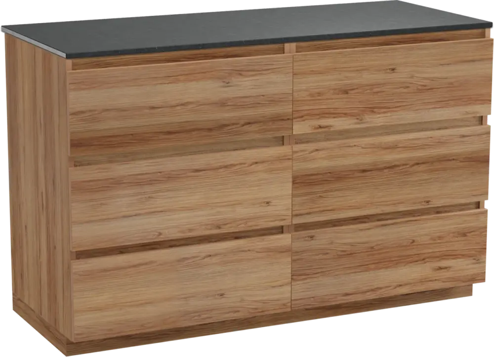 Preisreduziert Balmani Lucida freistehendes Möbelstück Set: 135 x 55 cm, Teak, mit Stretto Einzel- oder Doppel Waschtischplatte, Schwarzes Granit
