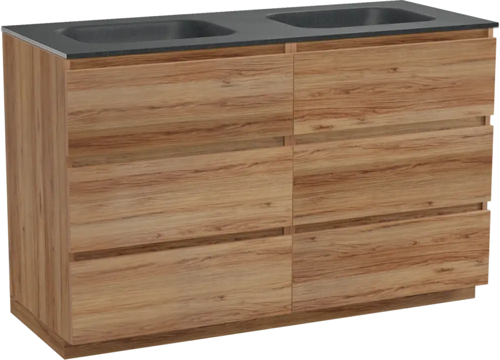Schneller Versand Balmani Lucida freistehendes Möbelstück Set: 135 x 55 cm, Teak, mit Tablo Arcato Doppelwaschtisch, Schwarzes Granit