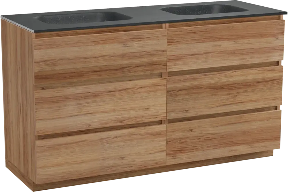 Sonderangebot Balmani Lucida freistehendes Möbelstück Set: 150 x 55 cm, Teak, mit Tablo Arcato Doppelwaschtisch, Schwarzes Granit