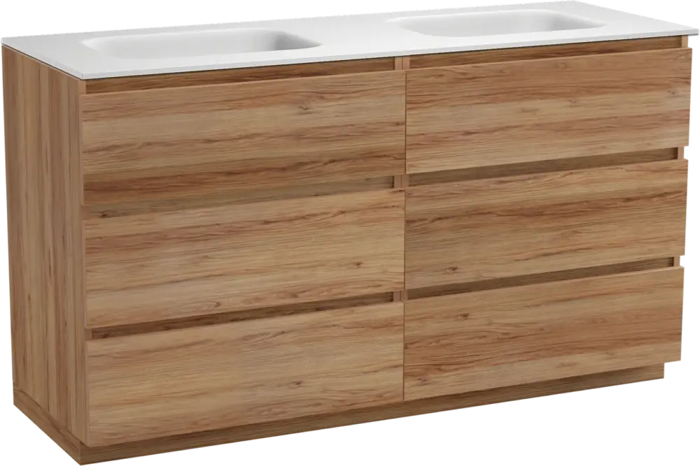 Markenware Balmani Lucida freistehendes Möbelstück Set: 150 x 55 cm, Teak, mit Tablo Arcato Doppelwaschtisch, Solid Surface Weiß matt