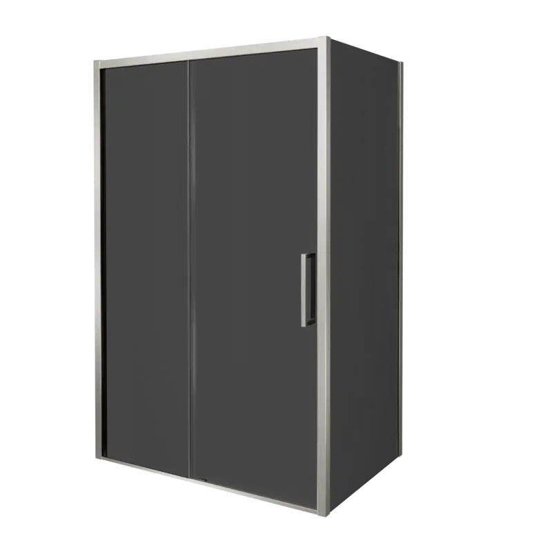 Aktuell Balmani Senses Design Eckdusche: Schiebetür (Links) mit fixierte Seitenwand, 120 x 90 cm, Rauchglas, Profil Brushed CoolMetal, inklusive Coating