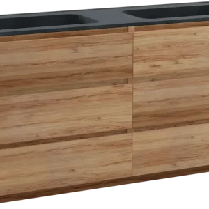 Ausverkauf Balmani Lucida freistehendes Möbelstück Set: 180 x 55 cm, Teak, mit Tablo Strada Doppelwaschtisch, Marmorkomposit Schwarz matt