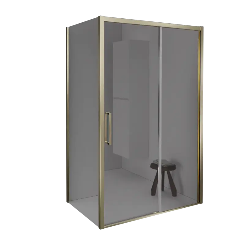 Ausverkauf Balmani Senses Design Eckdusche: Schiebetür (Rechts) mit fixierte Seitenwand, 140 x 80 cm, Reflex-Spiegelglas, Profil Brushed Champagne Gold, inklusive Coating