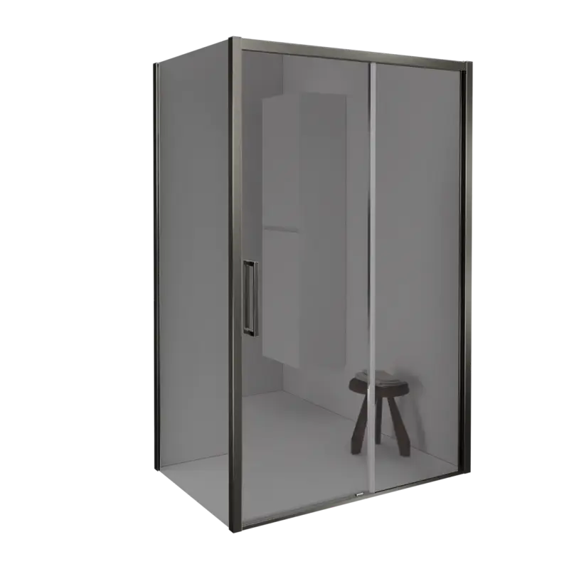 Abverkauf Balmani Senses Design Eckdusche: Schiebetür (Rechts) mit fixierte Seitenwand, 160 x 90 cm, Reflex-Spiegelglas, Profil Brushed GunMetal, inklusive Coating