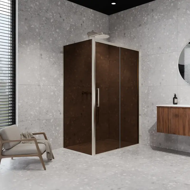 Ausverkauf Balmani Senses Design Eckdusche: Schiebetür (Rechts) mit fixierte Seitenwand, 140 x 80 cm, Bronze, Profil Brushed CoolMetal, inklusive Coating