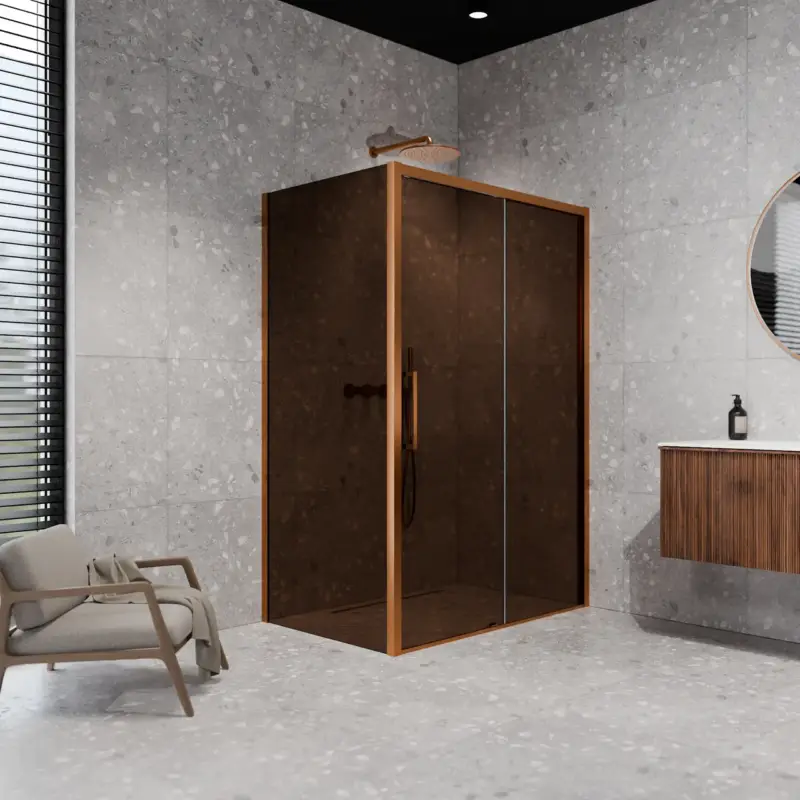 Balmani Senses Design Eckdusche: Schiebetür (Rechts) mit fixierte Seitenwand, 160 x 100 cm, Bronze, Profil Brushed Rosegold, inklusive Coating Versand Am Gleichen Tag