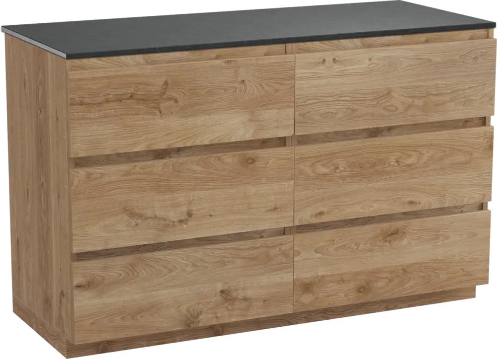 Top-Seller Balmani Lucida freistehendes Möbelstück Set: 135 x 55 cm, Rohe Eiche, mit Stretto Einzel- oder Doppel Waschtischplatte, Schwarzes Granit