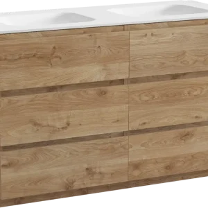 Abverkauf Balmani Lucida freistehendes Möbelstück Set: 135 x 55 cm, Rohe Eiche, mit Tablo Arcato Doppelwaschtisch, Solid Surface Weiß matt