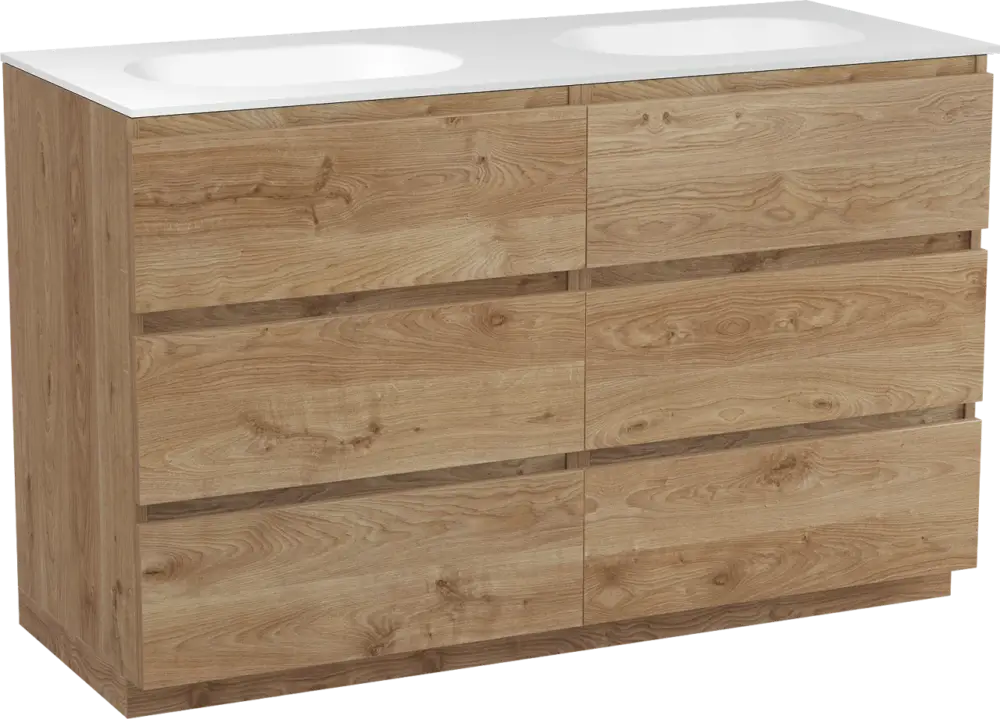 Günstig Balmani Lucida freistehendes Möbelstück Set: 135 x 55 cm, Rohe Eiche, mit Tablo Oval Doppelwaschtisch, Solid Surface Weiß matt