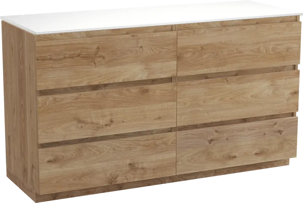 Zertifiziert Balmani Lucida freistehendes Möbelstück Set: 150 x 55 cm, Rohe Eiche, mit Stretto Einzel- oder Doppel Waschtischplatte, Solid Surface Weiß matt
