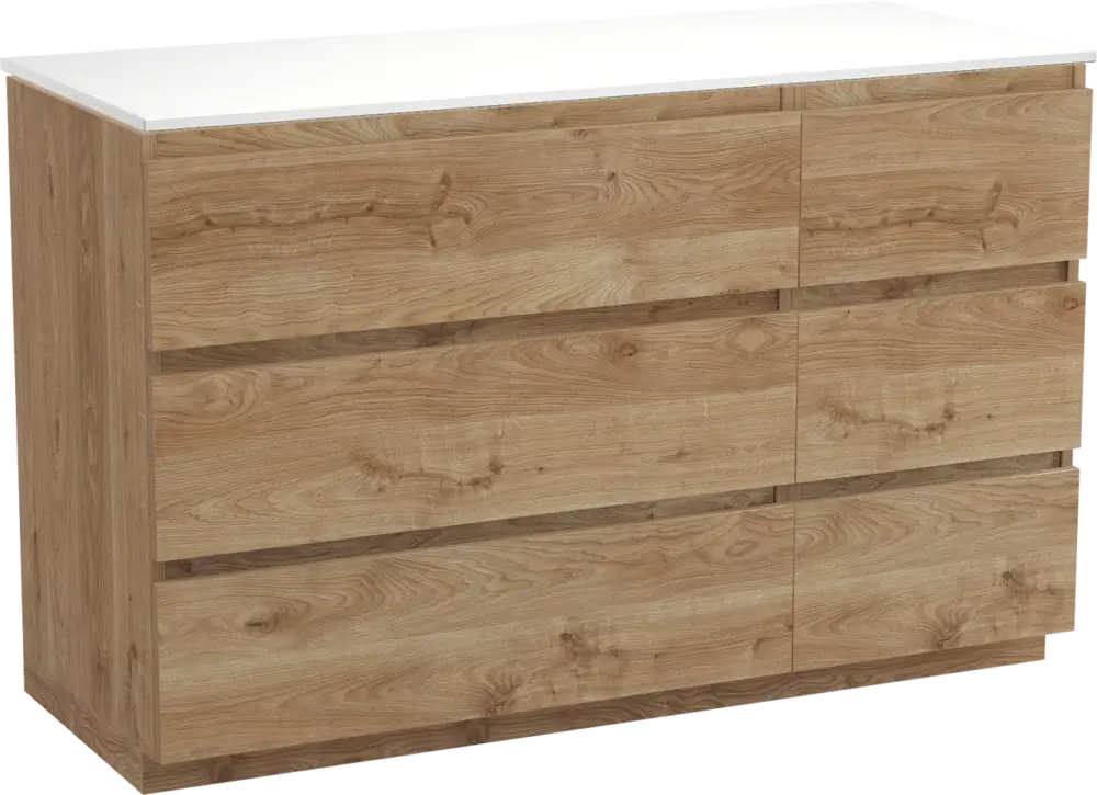 Zertifiziert Balmani Lucida freistehendes Möbelstück Set: 135 x 55 cm, Rohe Eiche, mit Stretto Einzel- oder Doppel Waschtischplatte, Solid Surface Weiß matt