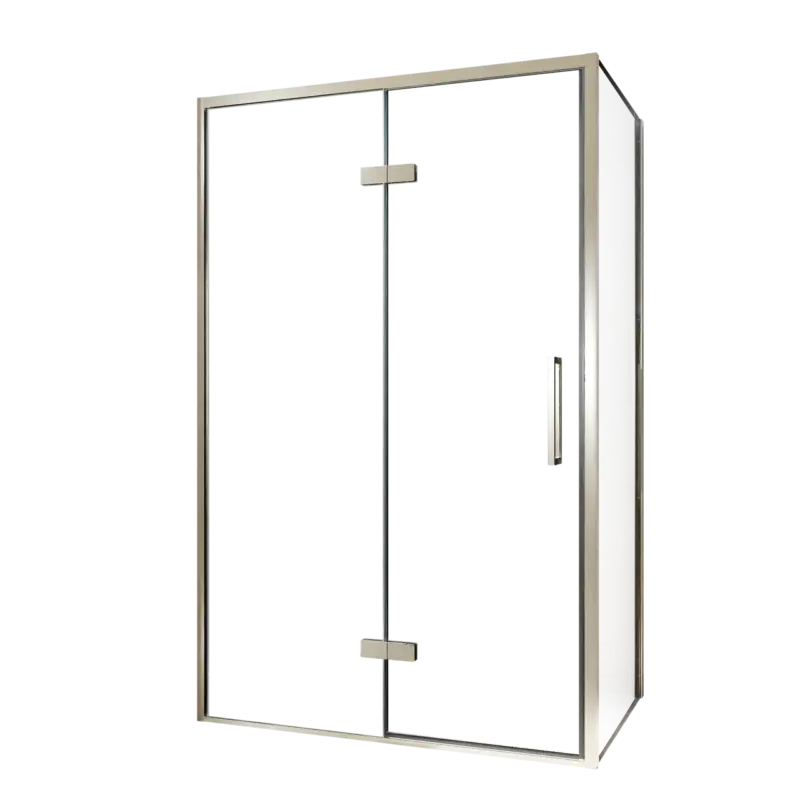 Zertifiziert Balmani Senses Design Eckdusche: Drehtür (Links) mit fixierte Seitenwand, 120 x 70 cm, Klarglas, Profil Brushed CoolMetal, inklusive Coating