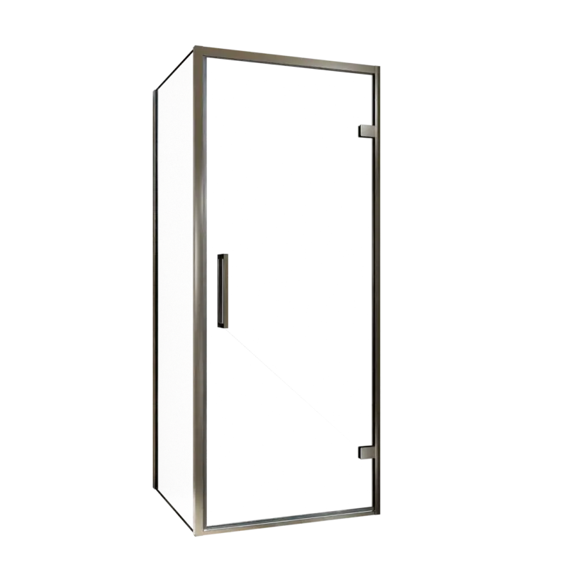 Balmani Senses Design Eckdusche: Drehtür (Rechts) mit fixierte Seitenwand, 90 x 70 cm, Klarglas, Profil Brushed GunMetal, inklusive Coating Markenware