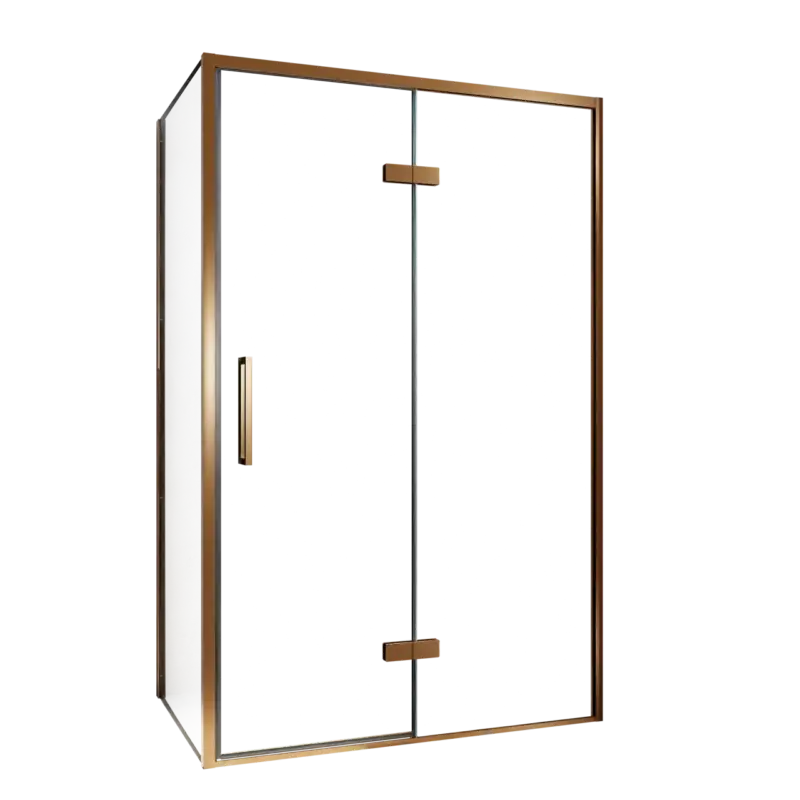 Abverkauf Balmani Senses Design Eckdusche: Drehtür (Rechts) mit fixierte Seitenwand, 120 x 70 cm, Klarglas, Profil Brushed Rosegold, inklusive Coating