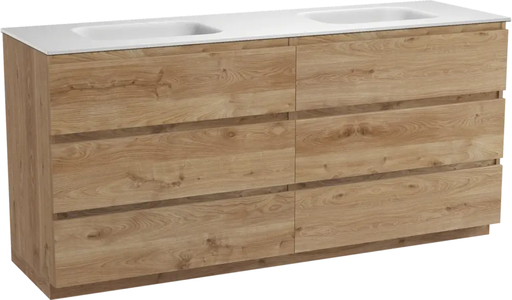 Must-Have Balmani Lucida freistehendes Möbelstück Set: 180 x 55 cm, Rohe Eiche, mit Tablo Arcato Doppelwaschtisch, Solid Surface Weiß matt