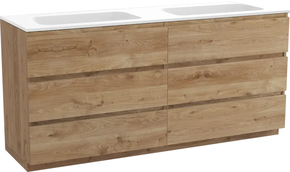 Balmani Lucida freistehendes Möbelstück Set: 180 x 55 cm, Rohe Eiche, mit Tablo Strada Doppelwaschtisch, Marmorkomposit Weiß matt Sonderangebot