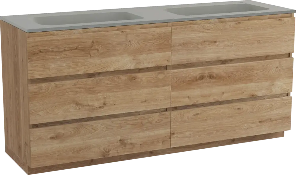 Begrenztes Angebot Balmani Lucida freistehendes Möbelstück Set: 180 x 55 cm, Rohe Eiche, mit Tablo Strada Doppelwaschtisch, Marmorkomposit Seidengrau