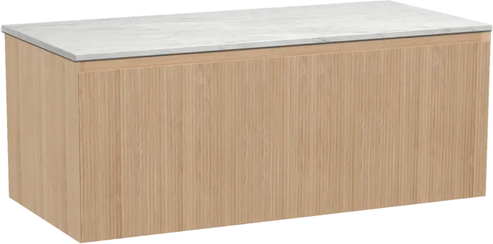 Meistverkauft Balmani Fila by Mitra hängendes Möbelstück Set: 120 x 55 cm, Naturbelassene Eiche, mit Stretto Einzel- oder Doppel Waschtischplatte, Marmor, Carrara, Vertikale symmetrische gerade Rippe
