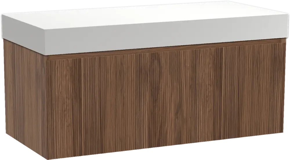 Finale Aktion Balmani Fila by Mitra hängendes Möbelstück Set: 120 x 55 cm, Nussbaum, mit Dominus Einzel- oder Doppel Waschtischplatte, Solid Surface, Weiß matt, Vertikale symmetrische gerade Rippe