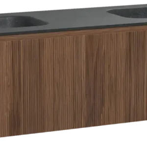 Abverkauf Balmani Fila by Mitra hängendes Möbelstück Set: 180 x 55 cm, Nussbaum, mit Tablo Arcato Doppelwaschtisch, Granit, Schwarzes Granit, Vertikale symmetrische gerade Rippe