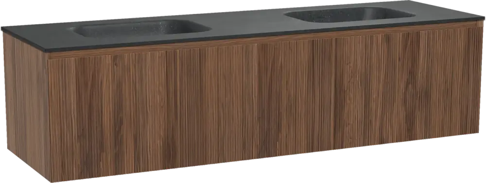 Abverkauf Balmani Fila by Mitra hängendes Möbelstück Set: 180 x 55 cm, Nussbaum, mit Tablo Arcato Doppelwaschtisch, Granit, Schwarzes Granit, Vertikale symmetrische gerade Rippe