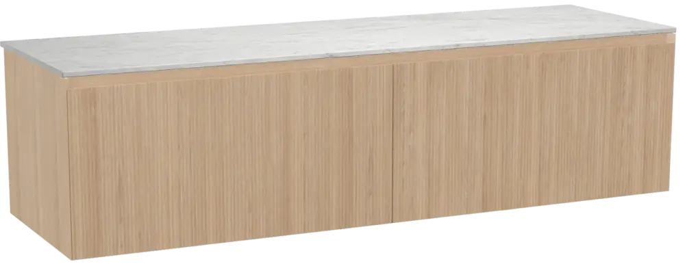 Balmani Fila by Mitra hängendes Möbelstück Set: 180 x 55 cm, Naturbelassene Eiche, mit Stretto Einzel- oder Doppel Waschtischplatte, Marmor, Carrara, Vertikale symmetrische gerade Rippe Direktkauf