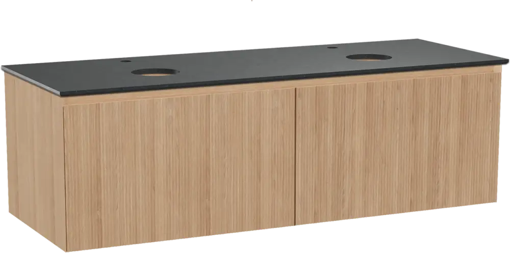 Balmani Fila by Mitra hängendes Möbelstück Set: 150 x 55 cm, Naturbelassene Eiche, mit Facetta Doppel Waschtischplatte, Granit, Schwarzes Granit, Vertikale symmetrische gerade Rippe Direkt Vom Hersteller