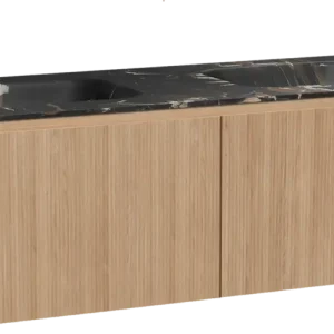 Abverkauf Balmani Fila by Mitra hängendes Möbelstück Set: 150 x 55 cm, Naturbelassene Eiche, mit Tablo Arcato Doppelwaschtisch, Marmor, Portoro Gold, Vertikale symmetrische gerade Rippe