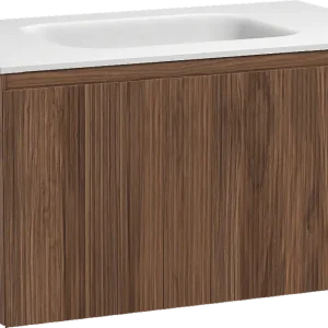 Abverkauf Balmani Fila by Mitra hängendes Möbelstück Set: 90 x 55 cm, Nussbaum, mit Tablo Arcato Einzelwaschtisch, Solid Surface, Weiß matt, Vertikale symmetrische gerade Rippe