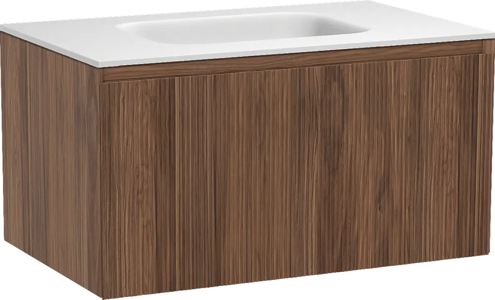 Abverkauf Balmani Fila by Mitra hängendes Möbelstück Set: 90 x 55 cm, Nussbaum, mit Tablo Arcato Einzelwaschtisch, Solid Surface, Weiß matt, Vertikale symmetrische gerade Rippe