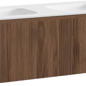 Abverkauf Balmani Fila by Mitra hängendes Möbelstück Set: 135 x 55 cm, Nussbaum, mit Tablo Arcato Doppelwaschtisch, Solid Surface, Weiß matt, Vertikale symmetrische gerade Rippe