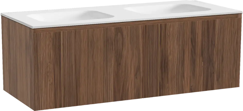 Abverkauf Balmani Fila by Mitra hängendes Möbelstück Set: 135 x 55 cm, Nussbaum, mit Tablo Arcato Doppelwaschtisch, Solid Surface, Weiß matt, Vertikale symmetrische gerade Rippe