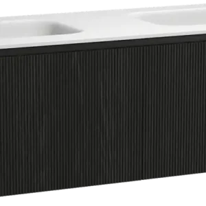 Ausverkauf Balmani Fila by Mitra hängendes Möbelstück Set: 150 x 55 cm, Schwarze Eiche, mit Tablo Arcato Doppelwaschtisch, Solid Surface, Weiß matt, Vertikale symmetrische gerade Rippe