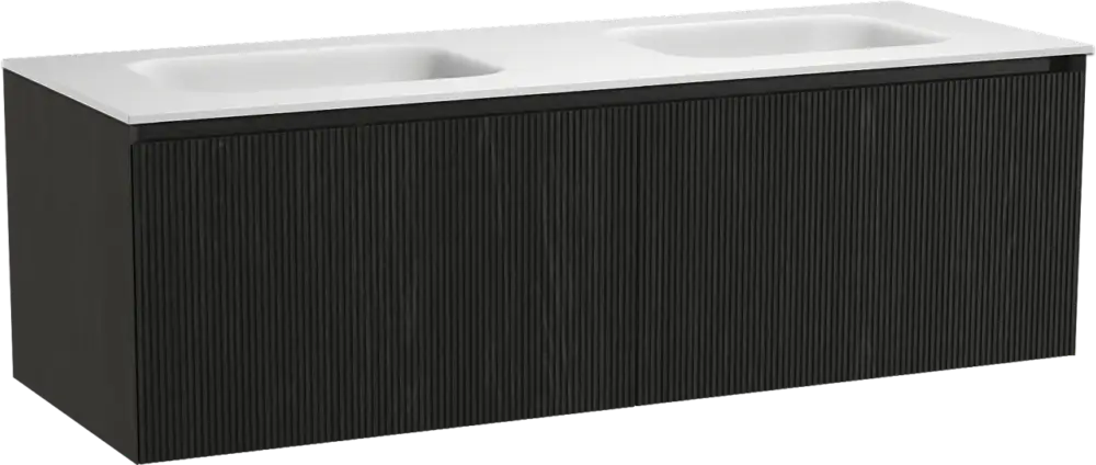 Ausverkauf Balmani Fila by Mitra hängendes Möbelstück Set: 150 x 55 cm, Schwarze Eiche, mit Tablo Arcato Doppelwaschtisch, Solid Surface, Weiß matt, Vertikale symmetrische gerade Rippe