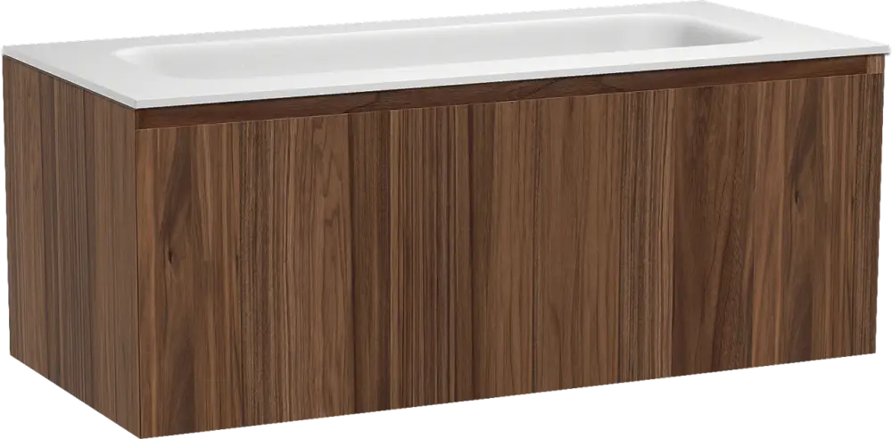 Schnäppchen Balmani Idra by Mitra hängendes Möbelstück Set: 120 x 55 cm, Nussbaum, mit Tablo Arcato Einzelwaschtisch für 2 Armaturenlöcher, Solid Surface Weiß matt