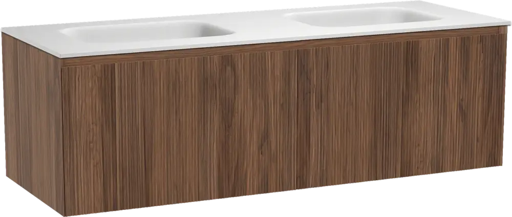 Schneller Versand Balmani Fila by Mitra hängendes Möbelstück Set: 150 x 55 cm, Nussbaum, mit Tablo Arcato Doppelwaschtisch, Solid Surface, Weiß matt, Vertikale symmetrische gerade Rippe