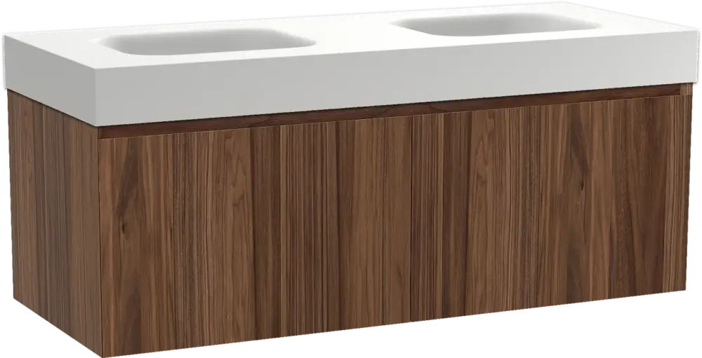 Ausverkauf Balmani Idra by Mitra hängendes Möbelstück Set: 135 x 55 cm, Nussbaum, mit Arcato Doppelwaschtisch, Solid Surface Weiß matt
