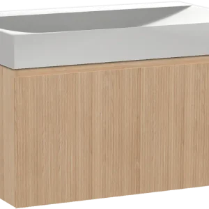 Aktuell Balmani Fila by Mitra hängendes Möbelstück Set: 90 x 55 cm, Naturbelassene Eiche, mit Wave Einzelwaschtisch, Solid Surface, Weiß matt, Vertikale symmetrische gerade Rippe