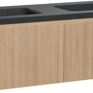 Abverkauf Balmani Fila by Mitra hängendes Möbelstück Set: 135 x 55 cm, Naturbelassene Eiche, mit Napoli Doppelwaschtisch, Granit, Schwarzes Granit, Vertikale symmetrische gerade Rippe