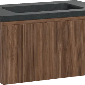 Ausverkauf Balmani Fila by Mitra hängendes Möbelstück Set: 90 x 55 cm, Nussbaum, mit Napoli Einzelwaschtisch, Granit, Schwarzes Granit, Vertikale symmetrische gerade Rippe