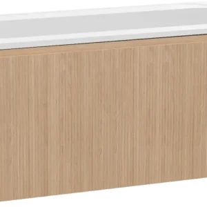 Ausverkauf Balmani Fila by Mitra hängendes Möbelstück Set: 120 x 55 cm, Naturbelassene Eiche, mit Tablo Strada Einzelwaschtisch, Marmorkomposit, Weiß matt, Vertikale symmetrische gerade Rippe
